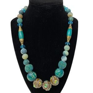 Handmade Artisan Beaded Necklace Blue Gold Iridescent Rhinestone Beads Toggle